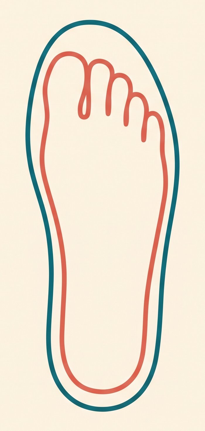 Diagram showing a foot outline sitting inside a shoe outline, with a small even gap around it at the widest point